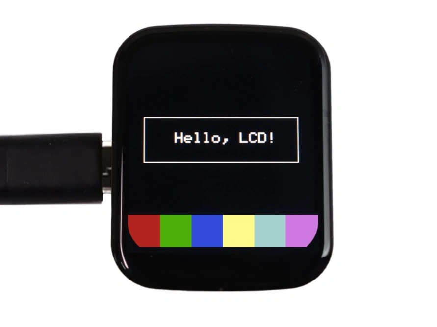 LCD 屏幕显示 Hello, LCD、白色矩形边框和六个彩色色块