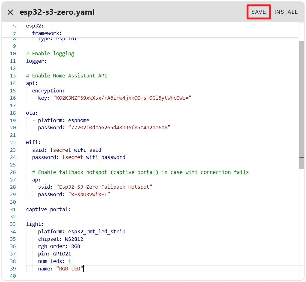 完整 YAML 与 SAVE/INSTALL 按钮