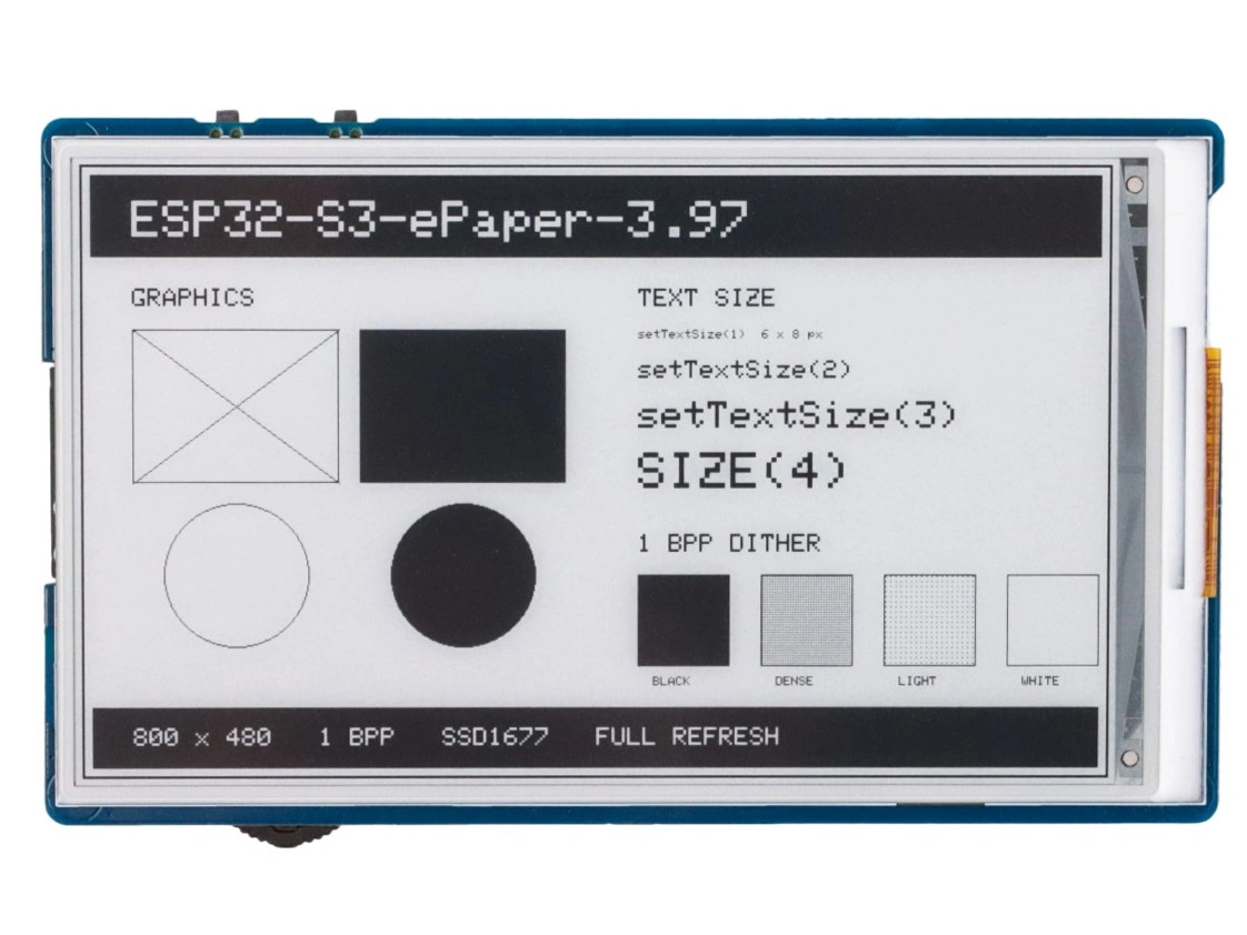 ESP32-S3-ePaper-3.97 显示几何图形、四种字号文字和网点抖动色块
