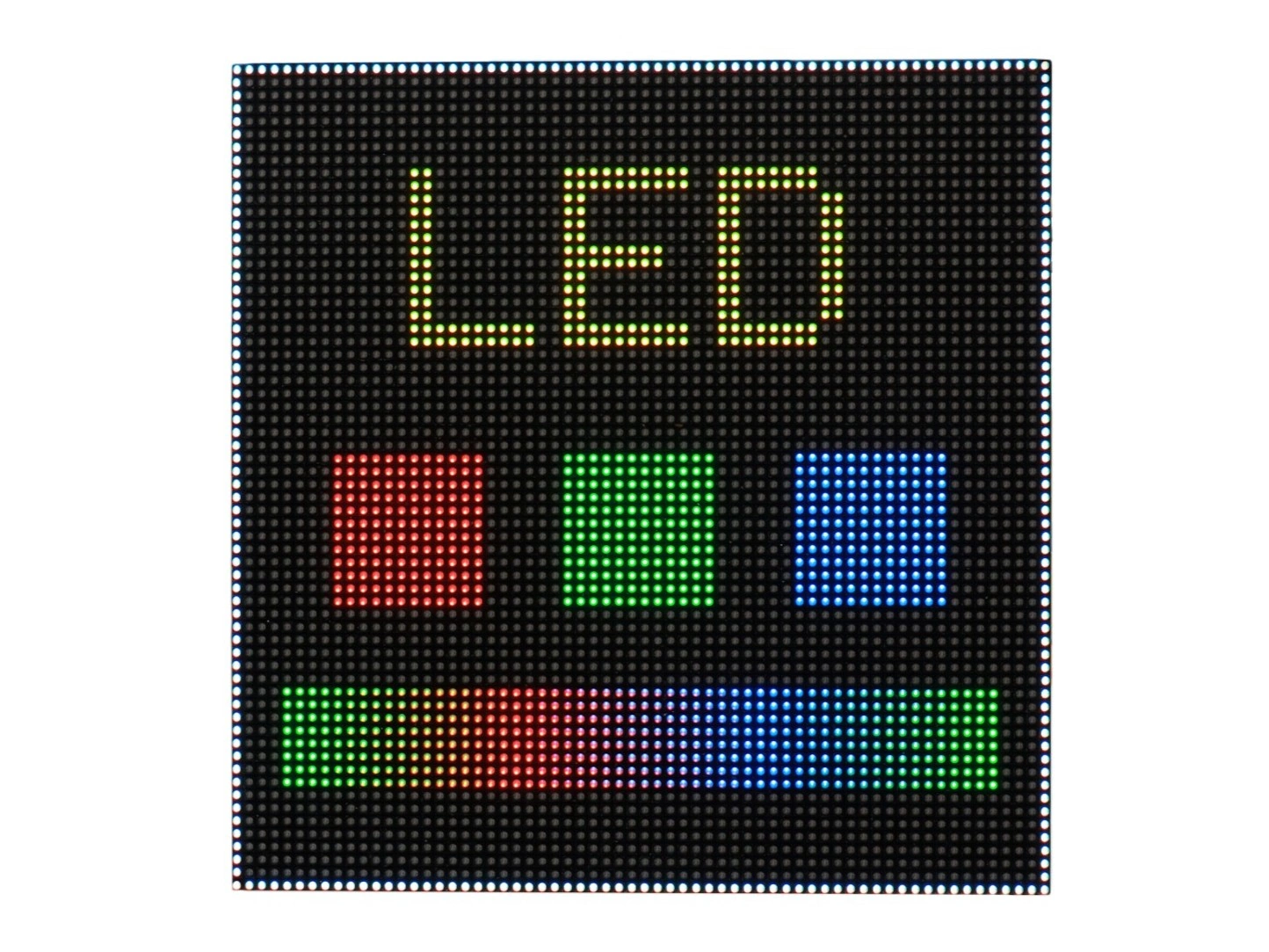 LED 点阵屏显示 LED 标题、红绿蓝色块和彩虹渐变条