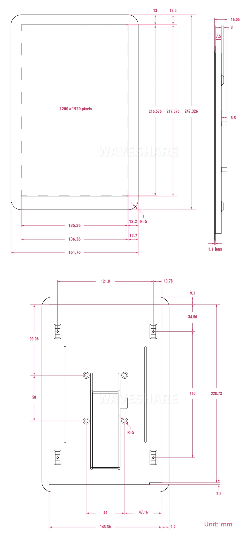 10.1inch Raspberry Pi Touch Display 2 外观尺寸