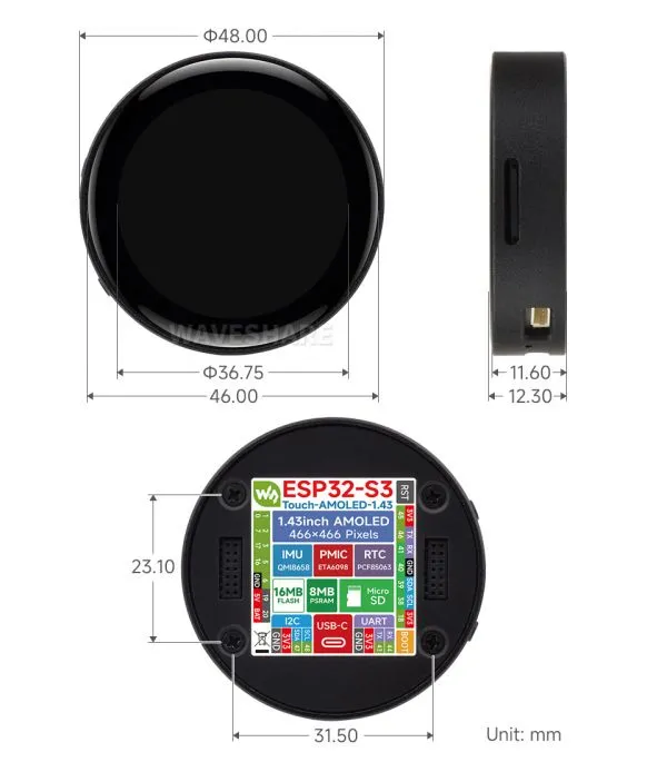 ESP32-S3-Touch-AMOLED-1.43-B 产品尺寸