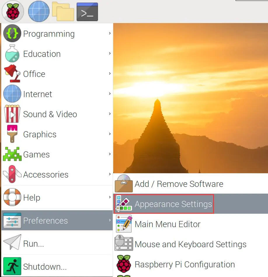 Raspberry Pi OS 外观设置入口