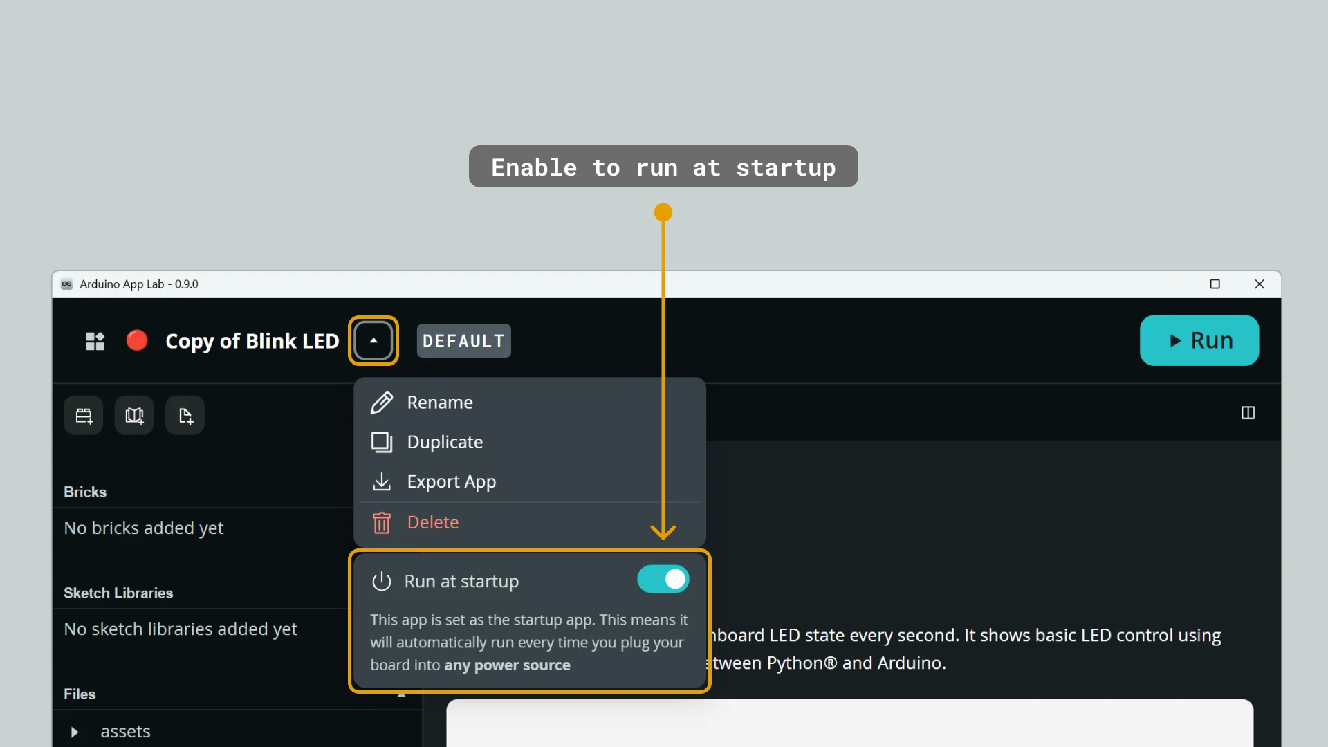 Arduino App Lab 设置开机运行，来源：Arduino 官方 VENTUNO Q 手册