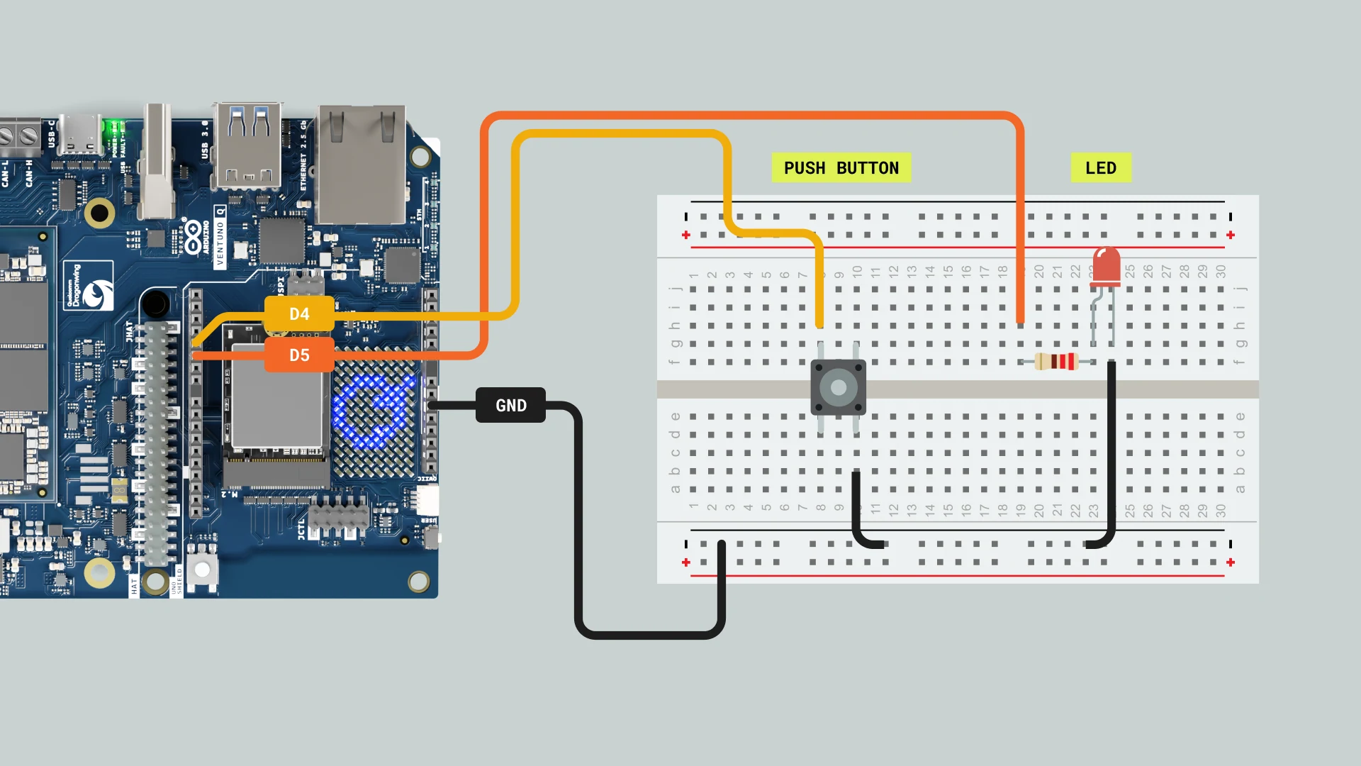 VENTUNO Q 按键与外接 LED 接线，来源：Arduino 官方 MCU 教程