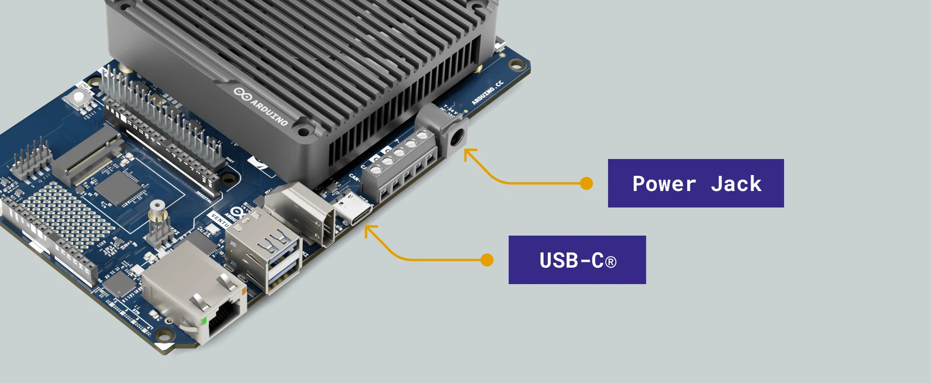 Arduino VENTUNO Q 外部供电与电脑 USB-C 连接示意，来源：Arduino 官方手册
