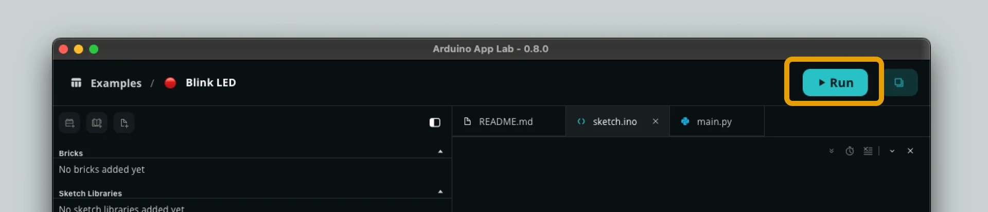 Arduino App Lab 运行按钮，来源：Arduino 官方 VENTUNO Q 教程
