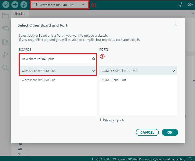 在 ArduinoIDE 中选择 RP2040-Plus