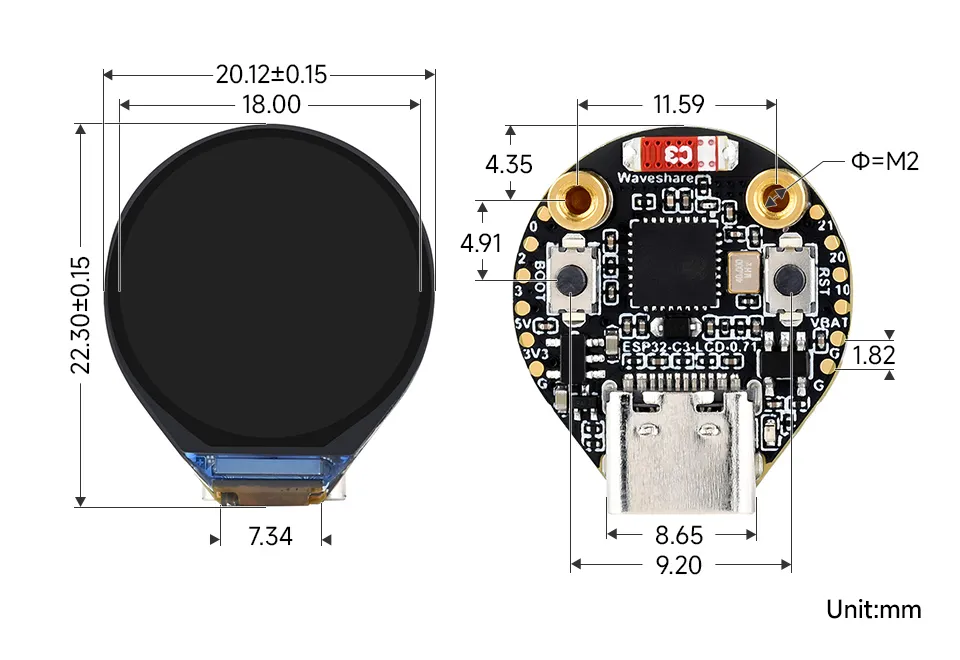 ESP32-C3-LCD-0.71 产品尺寸
