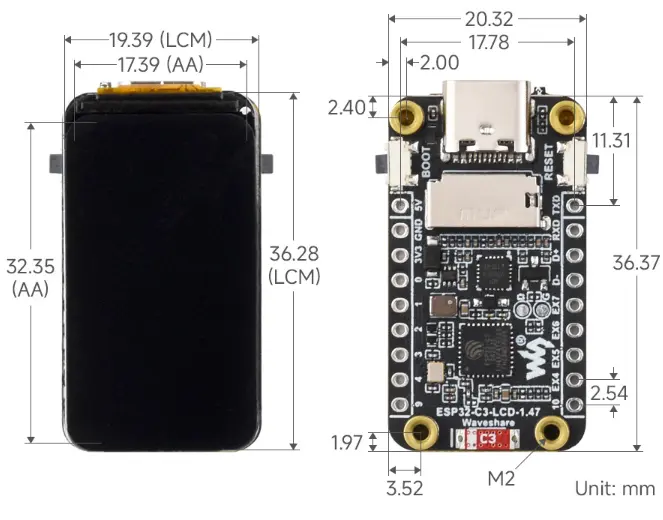 ESP32-C3-LCD-1.47 产品尺寸