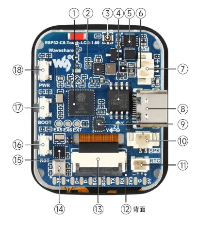 ESP32-C5-Touch-LCD-1.69 板载资源标注图
