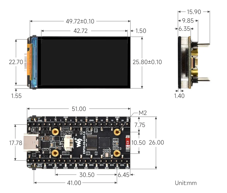 ESP32-C6-LCD-1.9 产品尺寸