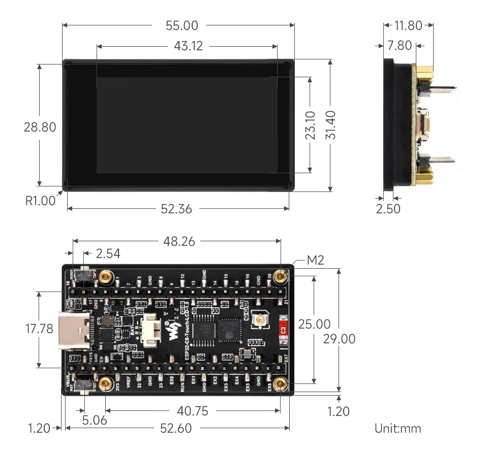 ESP32-C6-LCD-1.9 产品尺寸