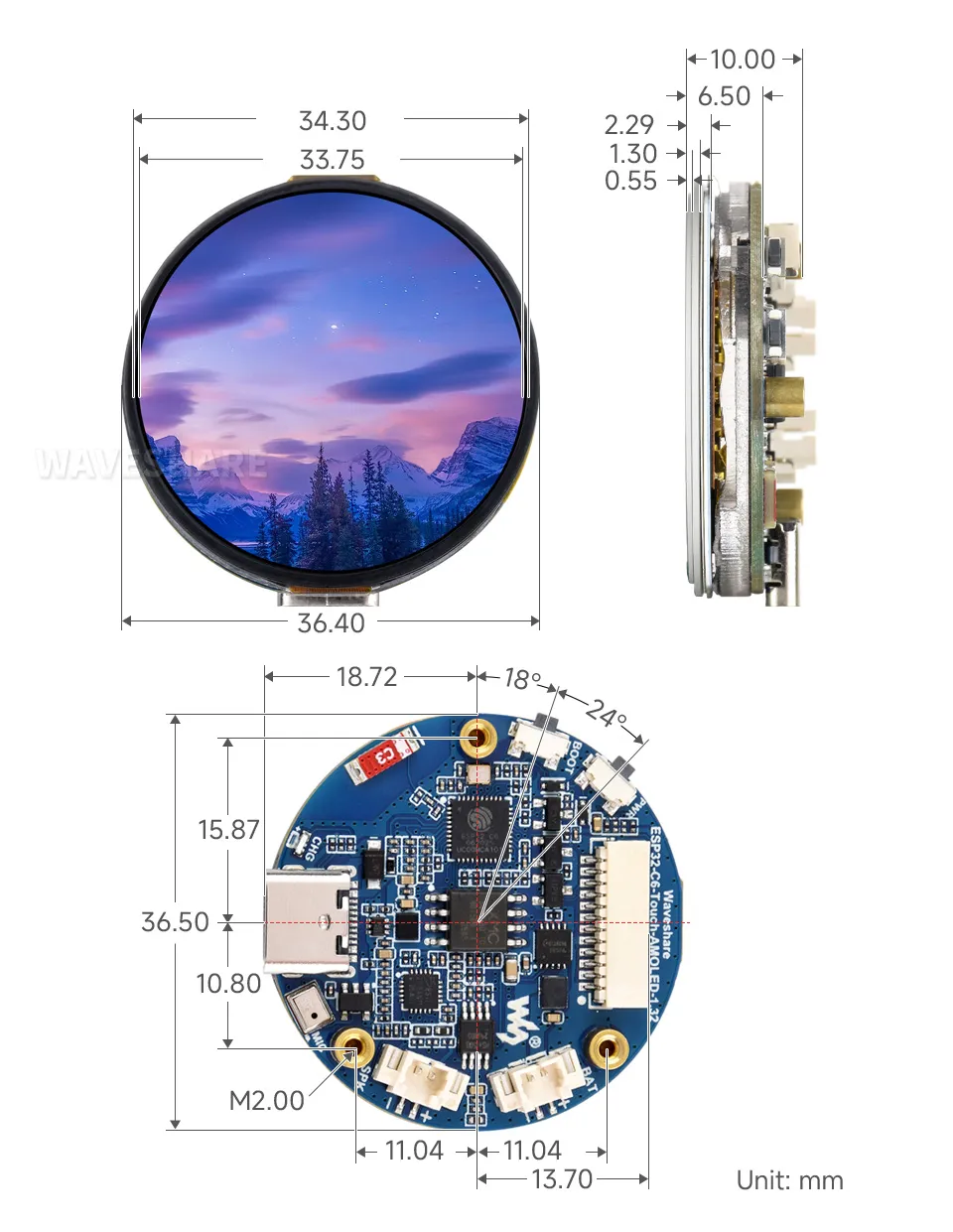 ESP32-C6-Touch-AMOLED-1.32 产品尺寸