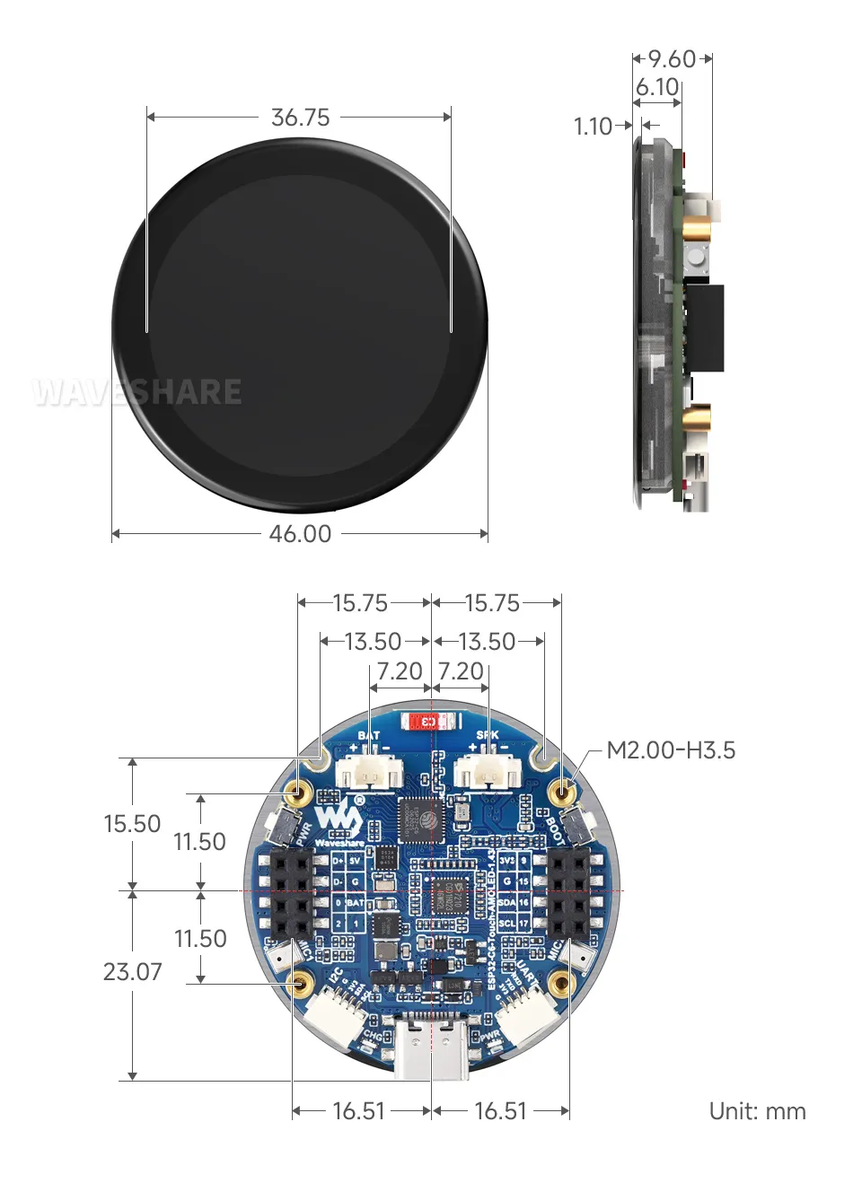 ESP32-C6-Touch-AMOLED-1.43 产品尺寸