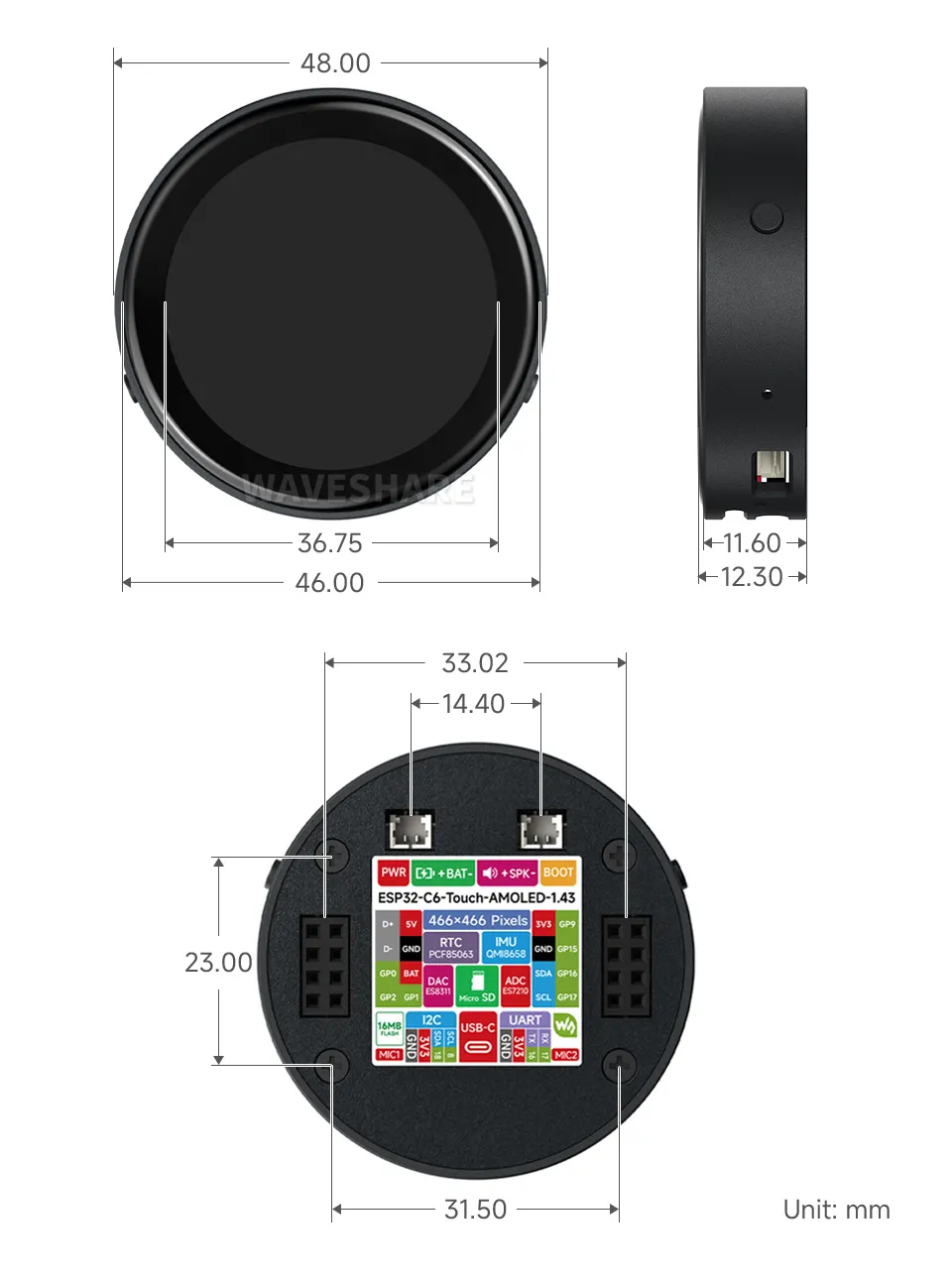 ESP32-C6-Touch-AMOLED-1.43-B 产品尺寸
