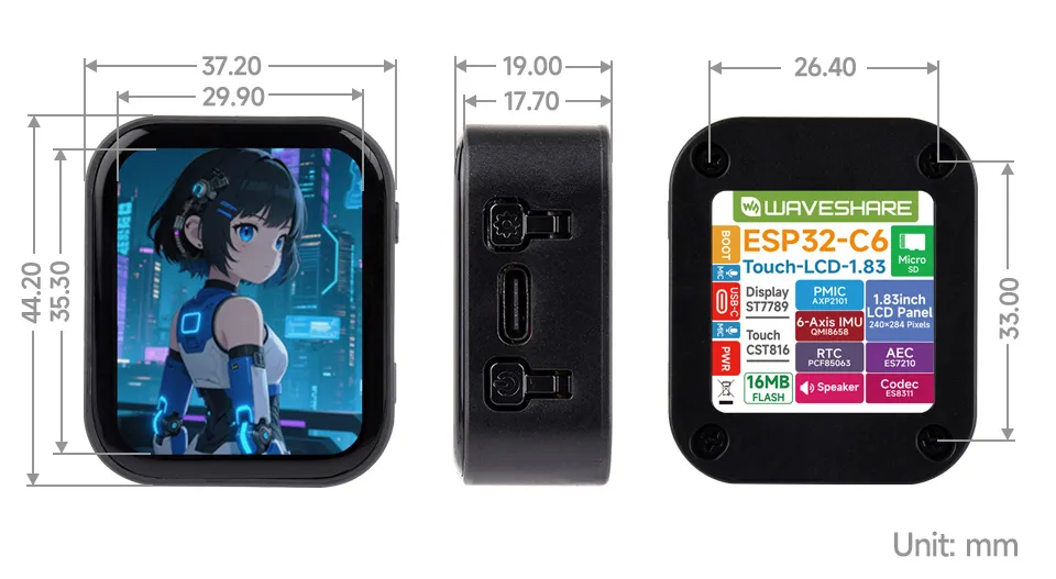 ESP32-C6-Touch-LCD-1.83 产品尺寸