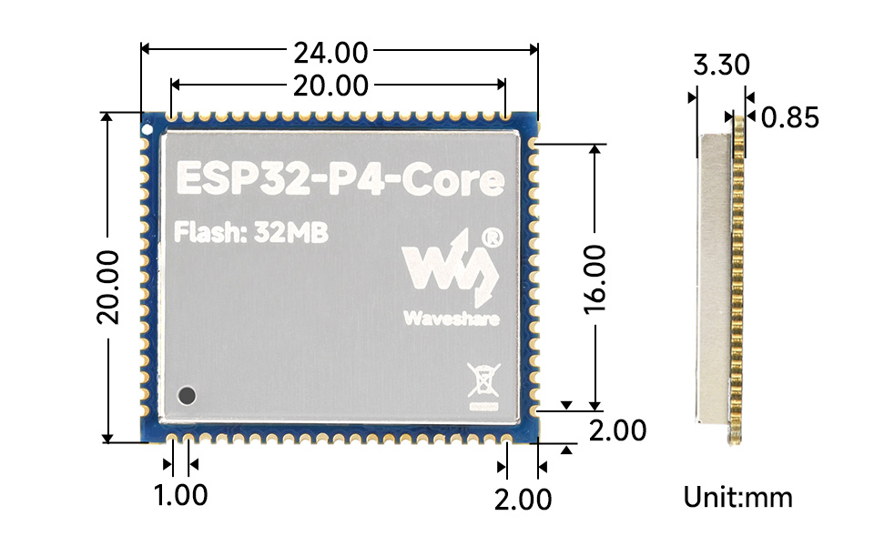 ESP32-P4-Core 产品尺寸图