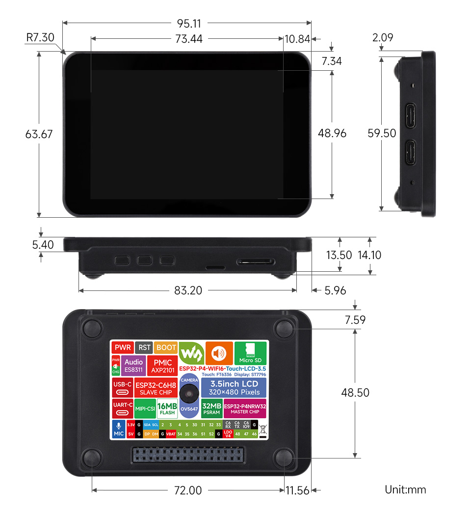 ESP32-P4-WIFI6-Touch-LCD-3.5 产品尺寸