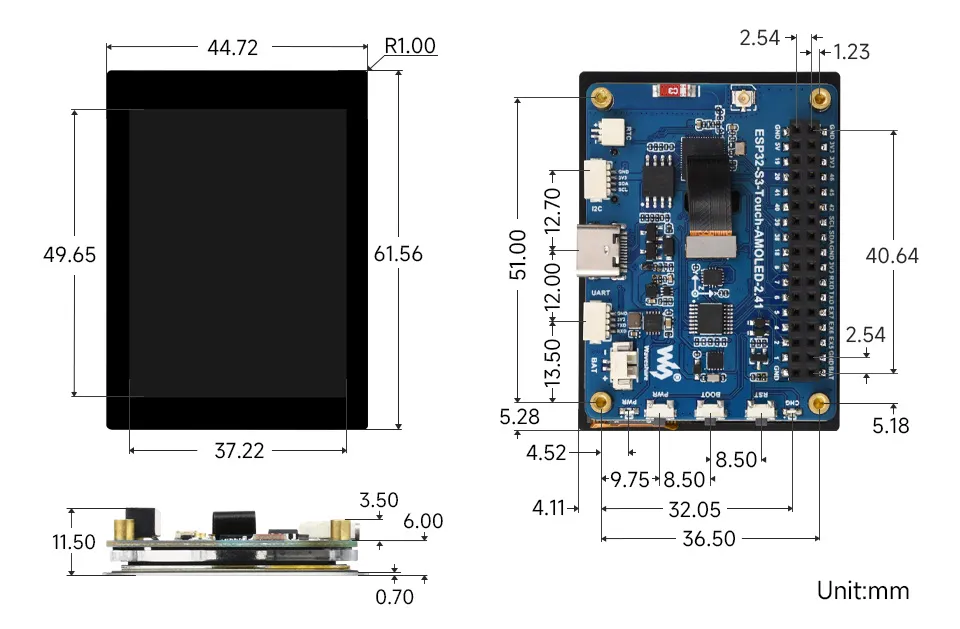ESP32-S3-Touch-AMOLED-2.41 产品尺寸