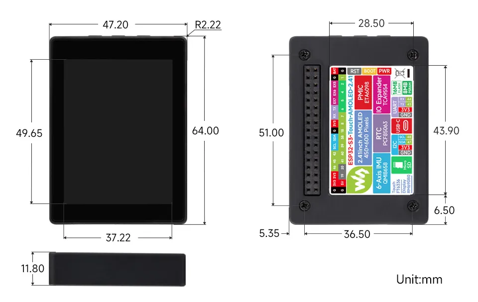 ESP32-S3-Touch-AMOLED-2.41 产品尺寸2