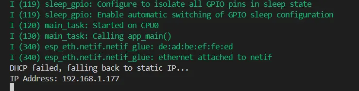 ESP-IDF W5500 DHCP 回退静态 IP 运行结果