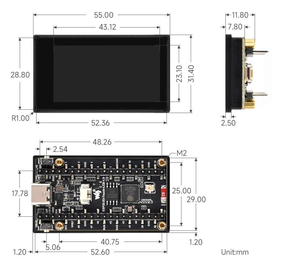 ESP32-S3-LCD-1.9 产品尺寸