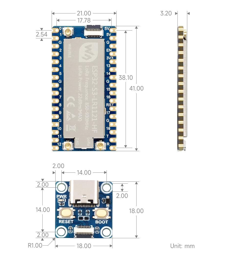 ESP32-S3-LR1121 尺寸图