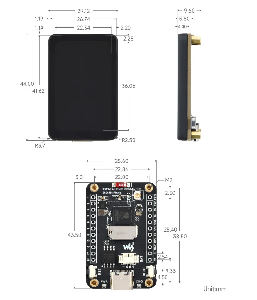 ESP32-S3-Touch-AMOLED-1.64 产品尺寸