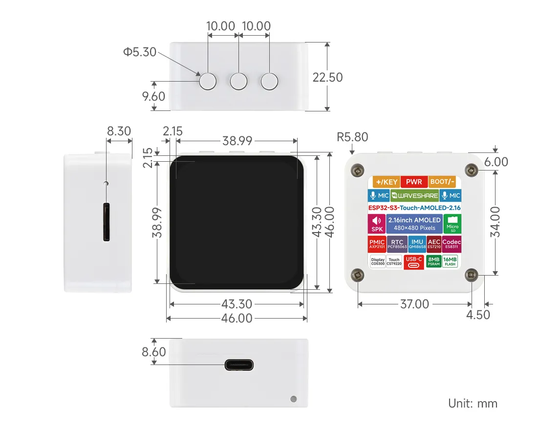 ESP32-S3-Touch-AMOLED-2.16 产品尺寸