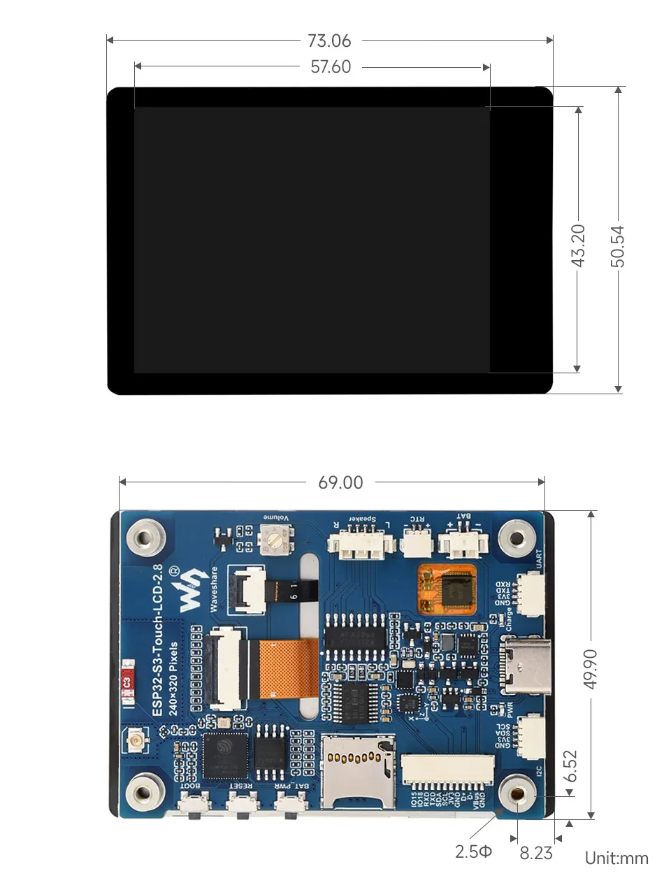 ESP32-S3-Touch-LCD-2.8 产品尺寸