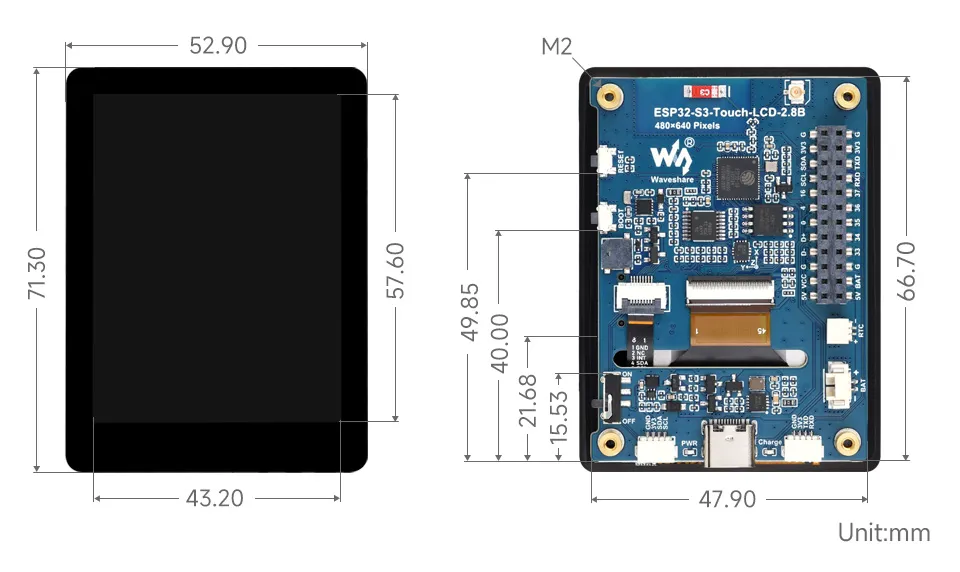 ESP32-S3-Touch-LCD-2.8B 产品尺寸