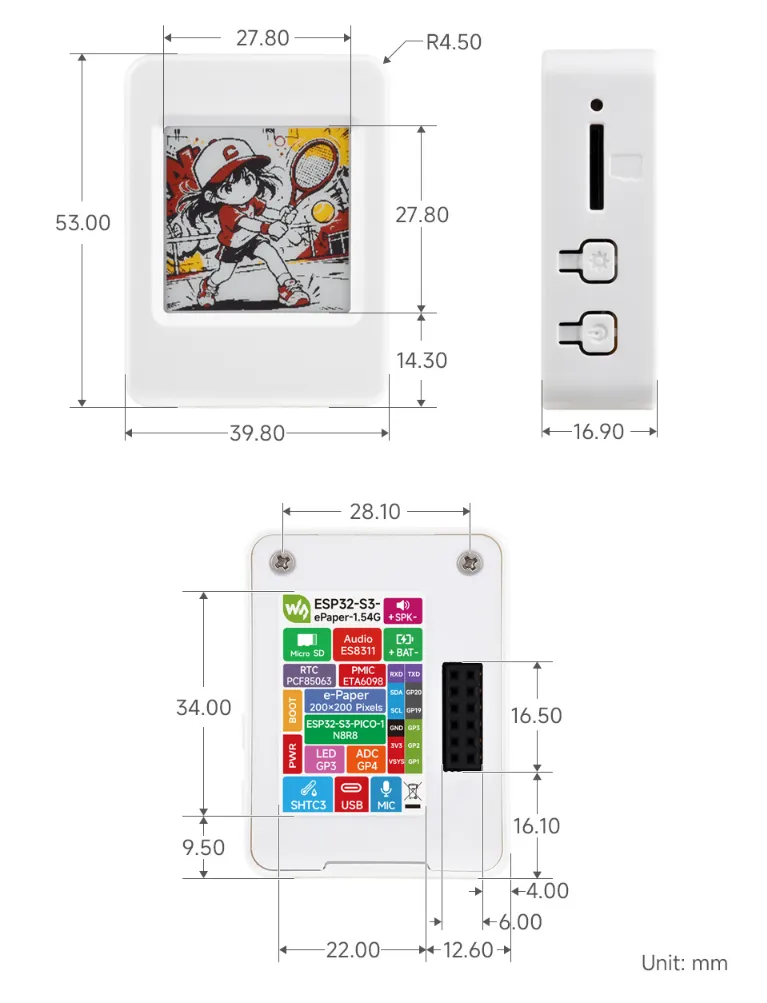 ESP32-S3-ePaper-1.54G 产品尺寸