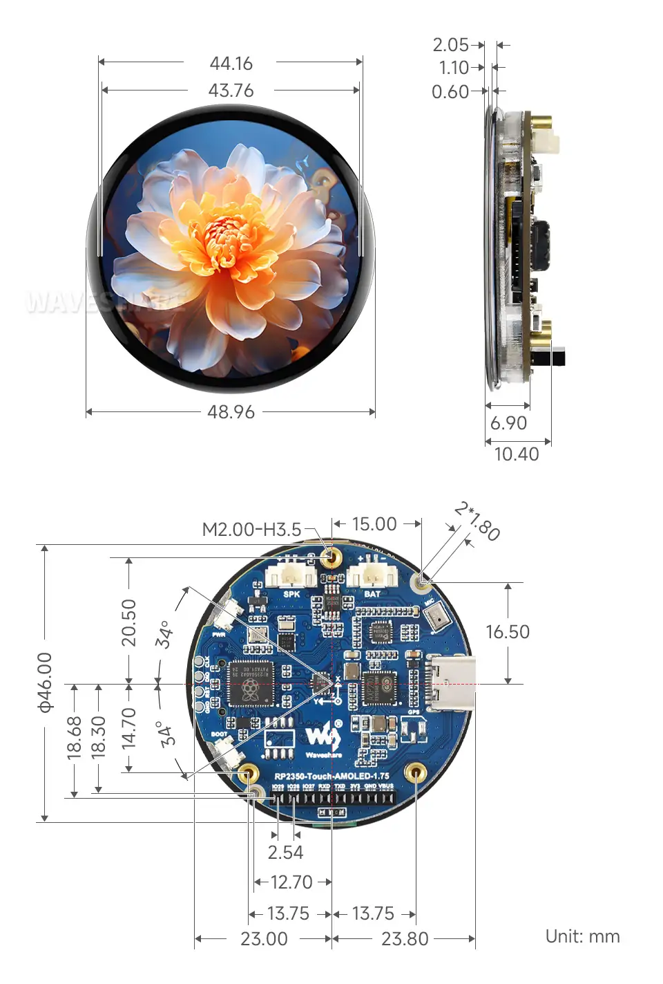 RP2350-Touch-AMOLED-1.75 产品尺寸