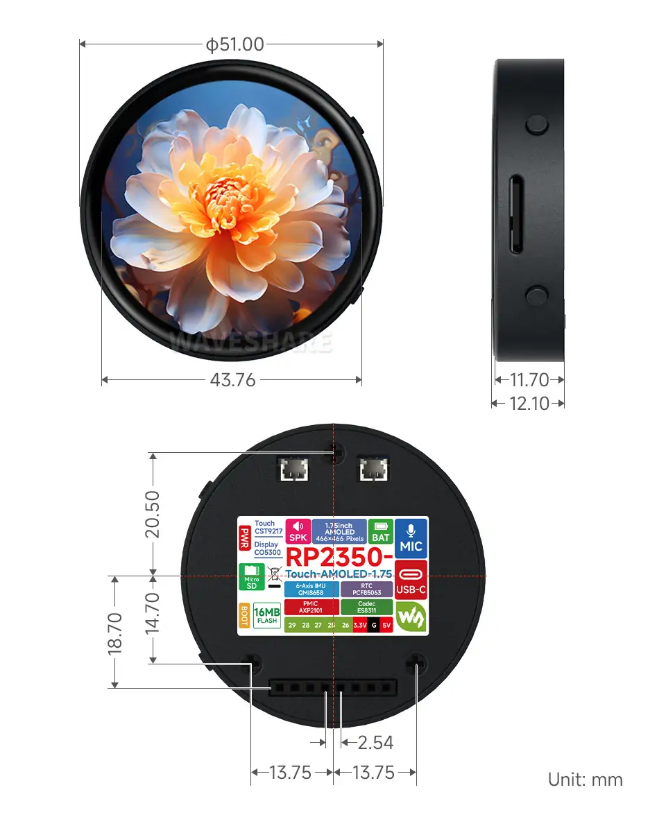 RP2350-Touch-AMOLED-1.75 产品尺寸