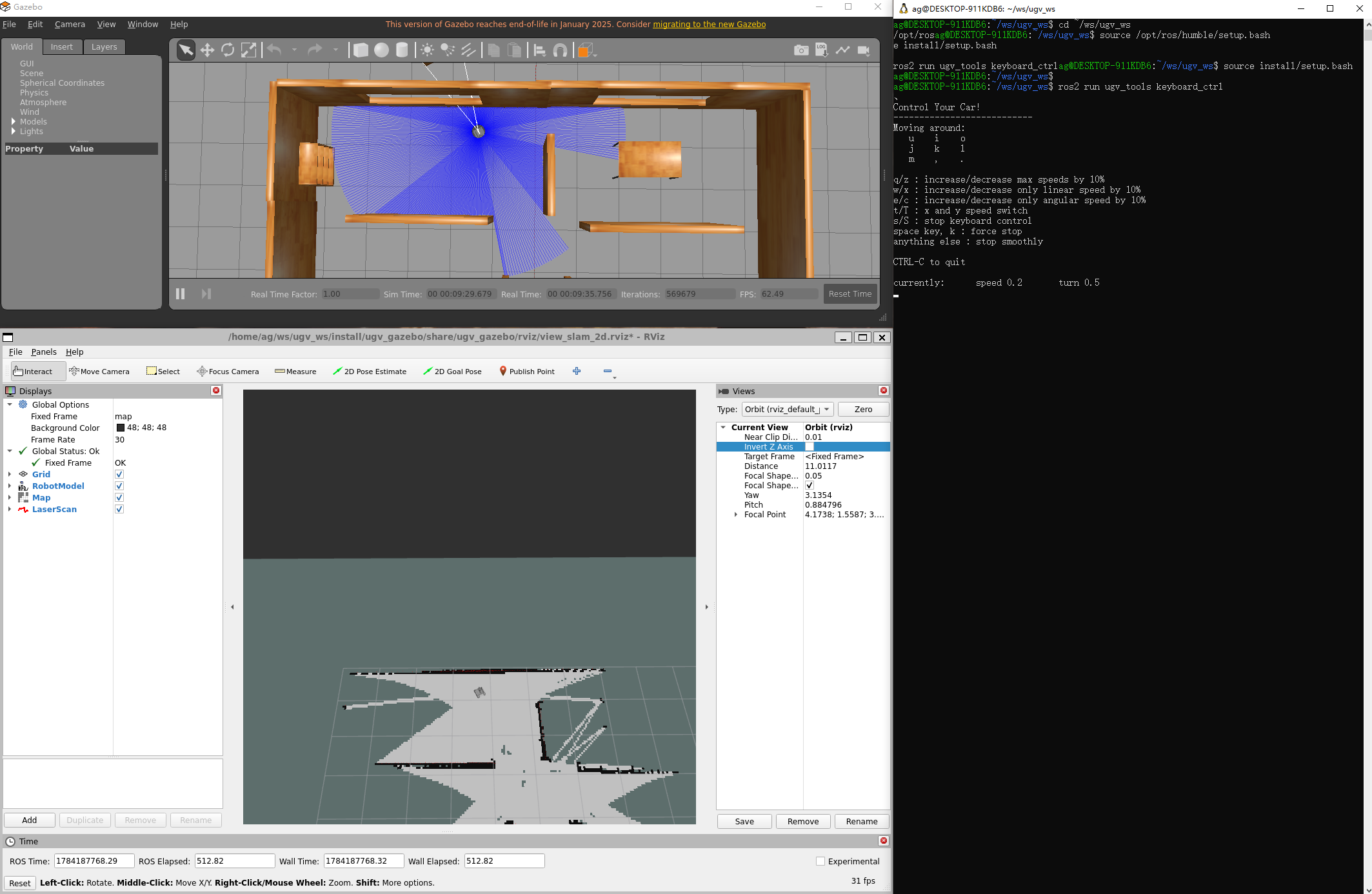 Gmapping 建图时的 Gazebo、键盘控制终端和 RViz