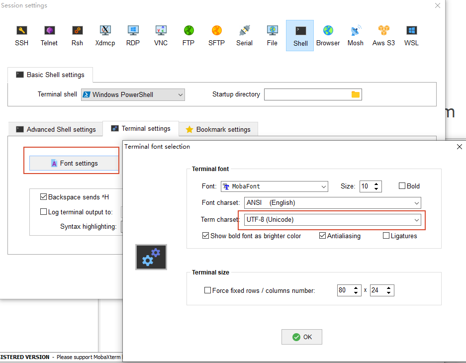 MobaXterm Terminal charset 设置