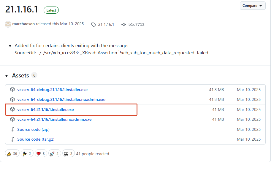 VcXsrv GitHub Releases 页面中的 64 位 Windows 安装程序