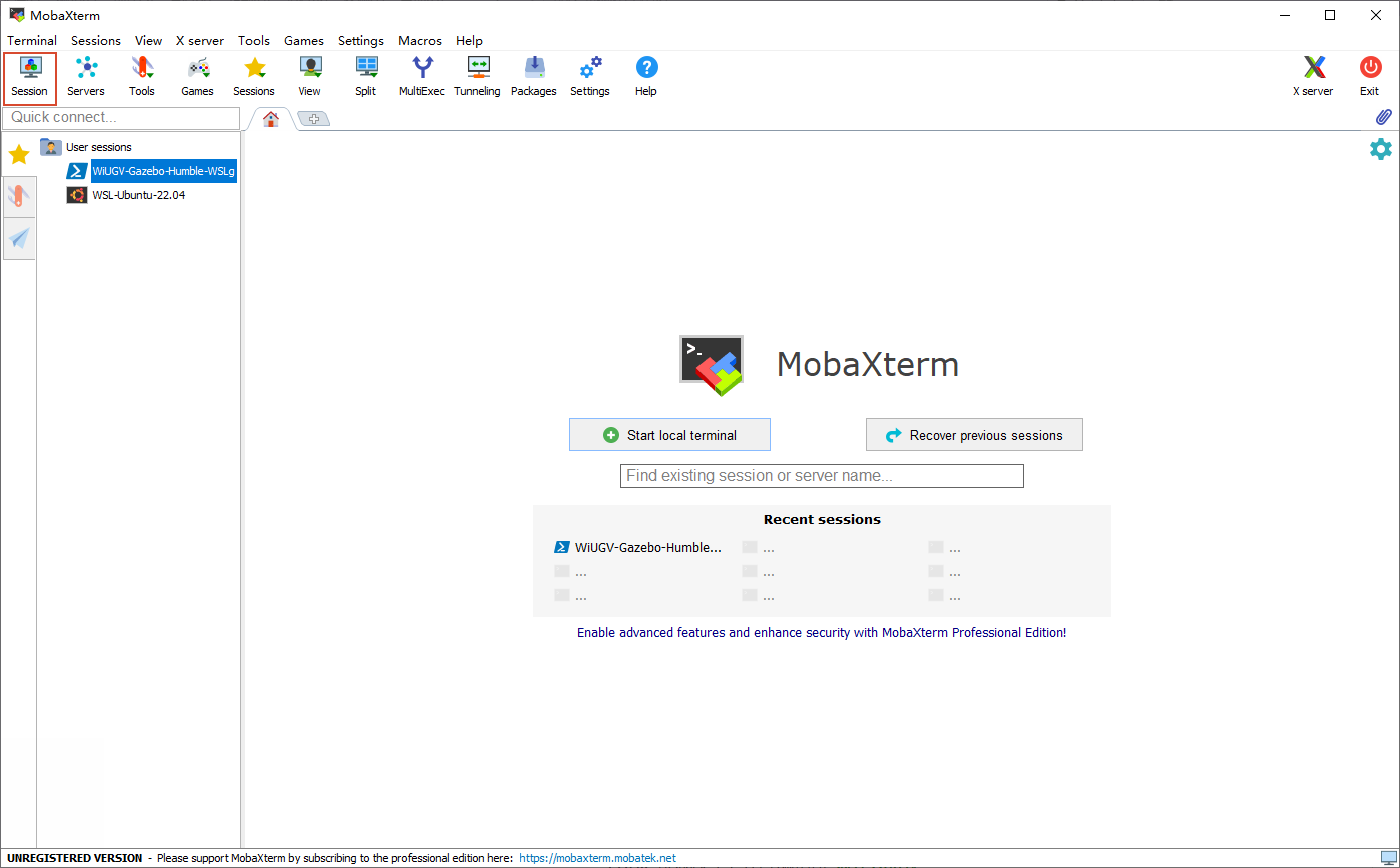 MobaXterm 主界面和 Session 入口
