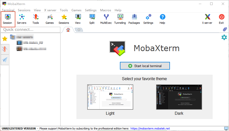 MobaXterm Session 按钮位置