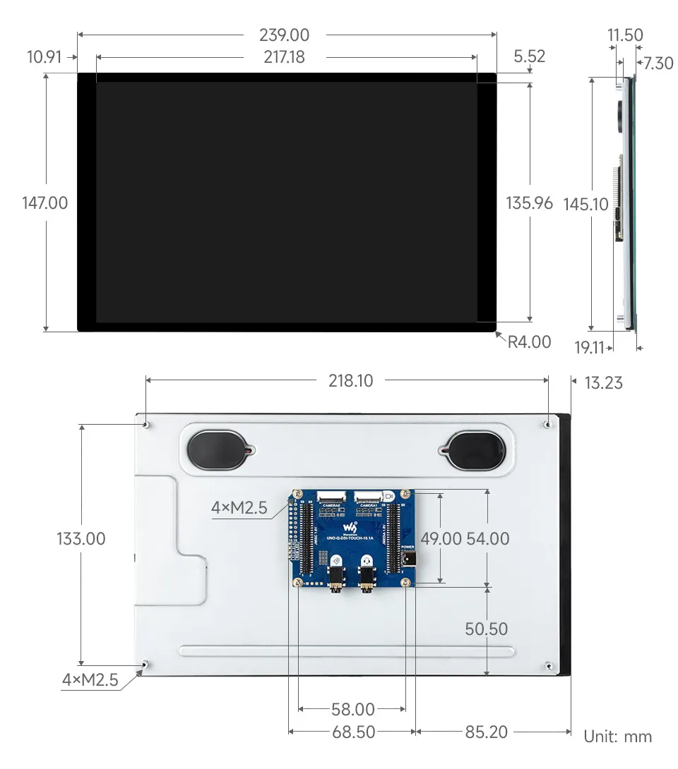 UNO-Q-DSI-TOUCH-10.1A 尺寸图,单位为 mm