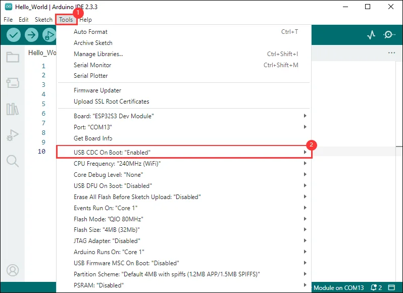 在 Arduino IDE 中启用 USB CDC On Boot
