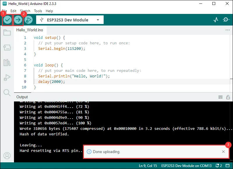 Arduino ESP32-S3 测试程序上传完成