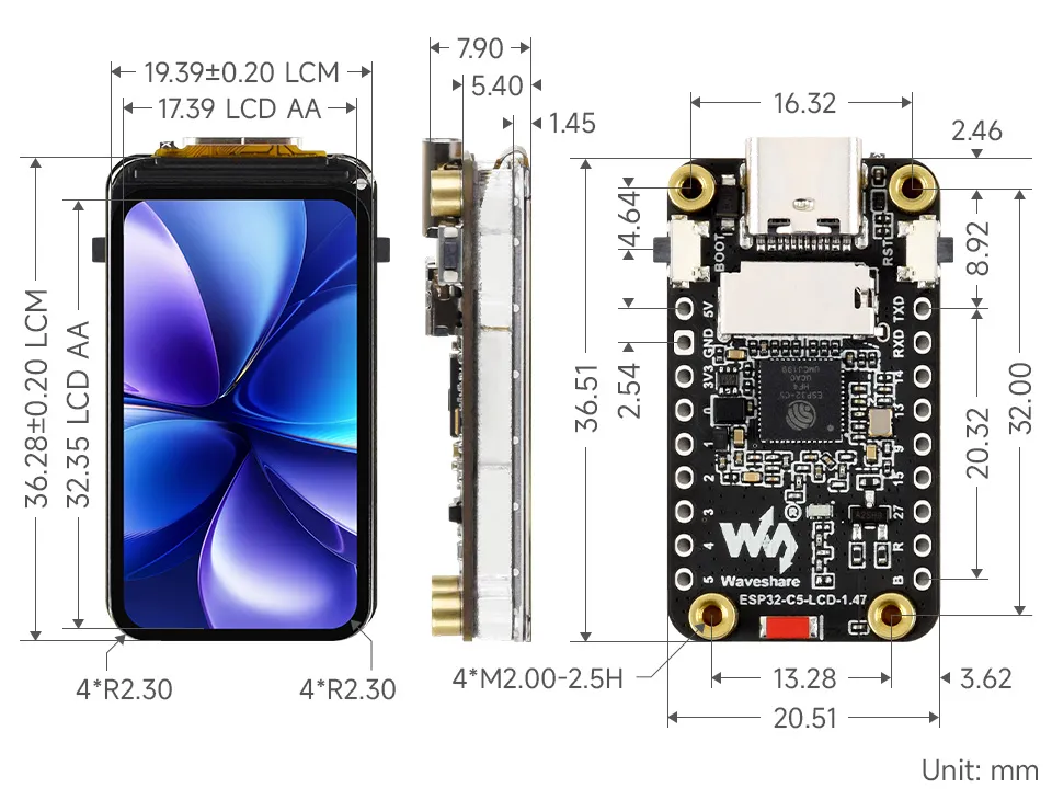 ESP32-C5-LCD-1.47 产品尺寸